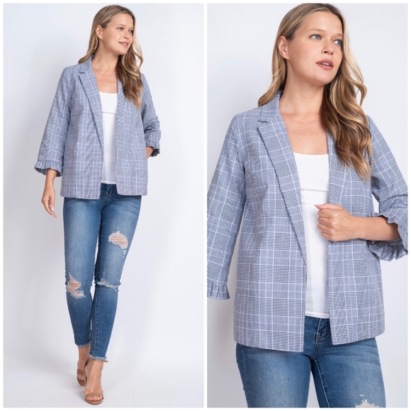 POTTER'S POT Blue Plaid Open 3/4 Sleeves Blazer - Picture 6 of 6